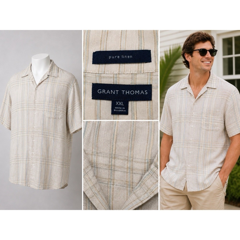Grant Thomas Linen Camp Shirt Mens XL Beige Brown Plaid Button Up Short Sleeve